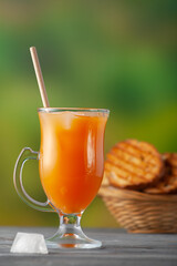 Fototapeta premium Fresh fruit juice with fresh homemade croutons