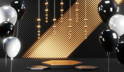 3d render of abstract realistic studio room with Luxury round pedestal stand podium with golden glitter in shape backdrop. Luxury black friday sale scene for product display presentation background