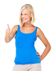 Woman, portrait smile and thumbs up for good job, deal or well done isolated against a white studio background. Happy blond female standing and showing thumbsup hand gesture for agreement or winning