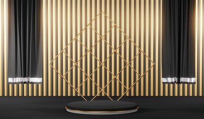 3d render of abstract realistic studio room with Luxury round pedestal stand podium with golden glitter in shape backdrop. Luxury black friday sale scene for product display presentation background