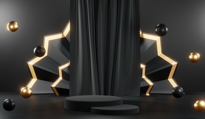 3d render of abstract realistic studio room with Luxury round pedestal stand podium with golden glitter in shape backdrop. Luxury black friday sale scene for product display presentation background