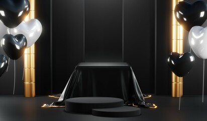 3d render of abstract realistic studio room with Luxury round pedestal stand podium with golden glitter in shape backdrop. Luxury black friday sale scene for product display presentation background