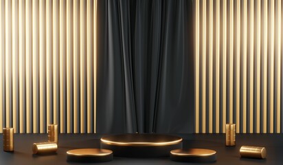 3d render of abstract realistic studio room with Luxury round pedestal stand podium with golden glitter in shape backdrop. Luxury black friday sale scene for product display presentation background