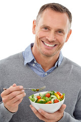 Salad, vegetables and and portrait of a man with bowl for diet and wellness isolated on a white background. Happy model person with vegan nutrition food for healthy lifestyle, motivation and health