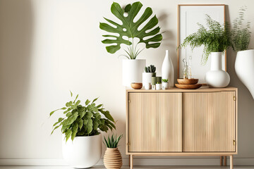 Scandinavian home interior with decorative accessories standing on a wooden cabinet. Minimalist design in interior of room with green plants and white wall with copy space. Biophilia style. Vertical