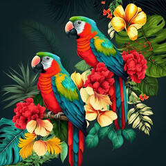 Tropical exotic pattern with parrots and colorful flowers(Generative AI)
