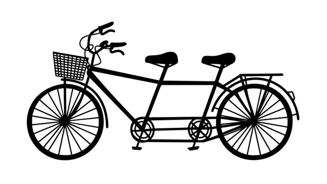 Dual drive classic transport for healthy lifestyle. Tandem bike, black silhouette. Steel double seater bike isolated on white background. Family or couple cooperation. Flat vector illustration
