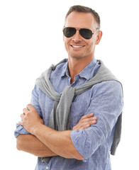 Arms crossed, cool and portrait of a man with sunglasses isolated on a white background in studio....