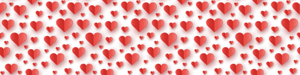 Paper cut hearts flying on white background. Seamless texture. Concept of design for Valentine’s Day, Mother’s Day and Women’s Day. Banner. Vector illustration