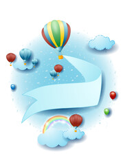 Landscape with hot air balloon and blank banner, fantasy illustration. Vector eps10