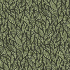 Abstract Seamless Pattern with Floral Motifs. Endless Texture with Hand Drawn Leaves. Nature Inspired Abstract Elements. Fabric Textile, Wrapping Paper, Wallpaper. Vector Contour Illustration