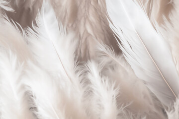 White feathers background, abstract wallpaper with bird feathers. Generative AI