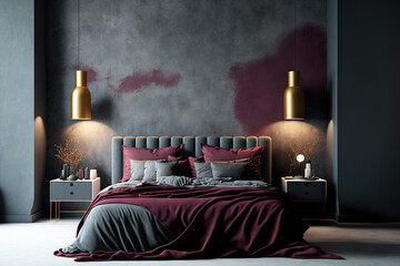 Bedroom in trend dark color grey gray and burgundy maroon bed. A bright empty background wall and texture microcement plaster. Modern luxury interior design home or hotel and rich furniture