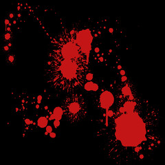 Blood splatter, horror background. Blood splash overlays on black background for art design. Royalty high-quality stock photo of abstract drops brush for painting, Watercolor brush, ink, blood stain