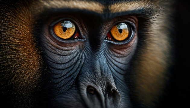closeup of the eyes of a monkey looking at camera, intelligent primate animal, generative ai © ArgitopIA