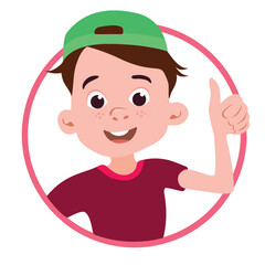 Cartoon young handsome boy kid with dark hair, 5-7years old. The child doing happy thumbs up gesture with hand. Children's emotions