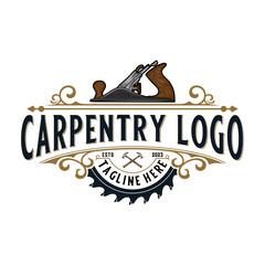carpenter vintage logo design. Hand plane, saw icon and hammer icon for woodworking, carpentry, furniture and construction design