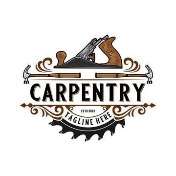carpenter vintage logo design. Hand plane, saw icon and hammer icon for woodworking, carpentry, furniture and construction design