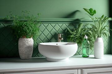 Obraz na płótnie Canvas A realistic close up of a white vanity unit countertop with a ceramic wash basin and faucet, decorative plants, and a space for items overlay tiles on a green wall in the distance. mockup, void, Bathr