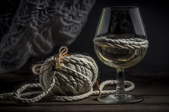 White wine in a glass and rope