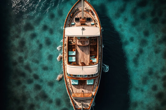In the coral water, a vintage wooden boat. drone image of a boat. Generative AI
