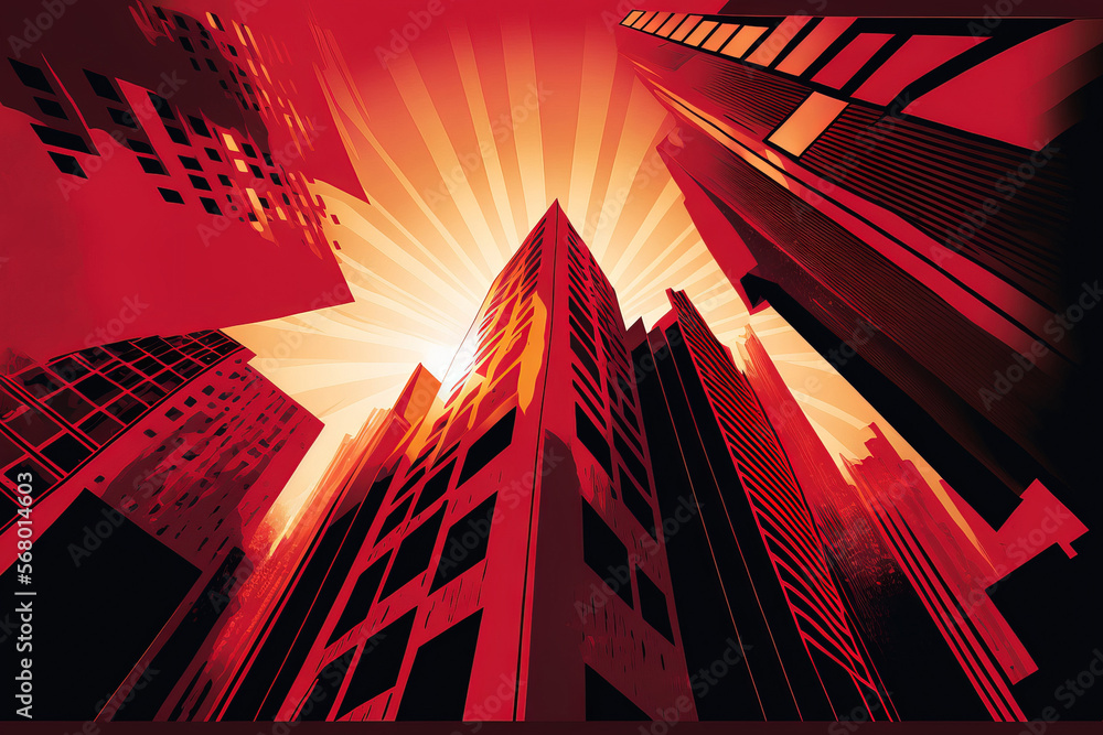 Poster abstract illustration of a red skyscraper in the distance. generative ai