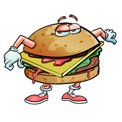 Cartoon hamburger with eyes arms and legs
The hamburger has cheese, ketchup and a beef pattie.
