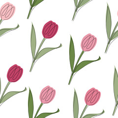 Seamless pattern of tulips drawn in one line. Vector illustration isolated on white background