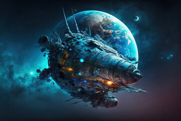 The little spaceship moves toward the spacecraft that is moored near to the blue planet. Generative AI