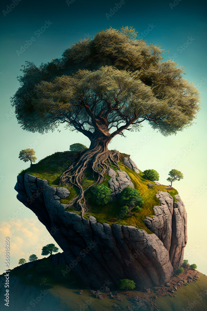 Canvas Prints tree on top of rocky hill generative ai