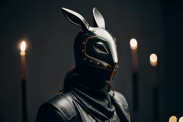 Woman dressed in latex leather suit and bunny mask for adult bdsm games. Generative AI