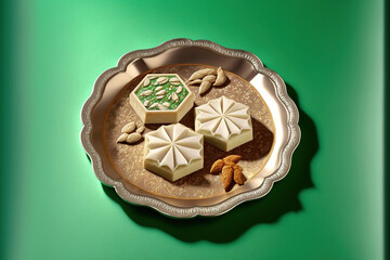 traditional sweets from India Cashewnut and milk khoya based Kaju katli or Kaju barfee. silver vark on a green background, showing the Kaju katli from the top. Generative AI - obrazy, fototapety, plakaty