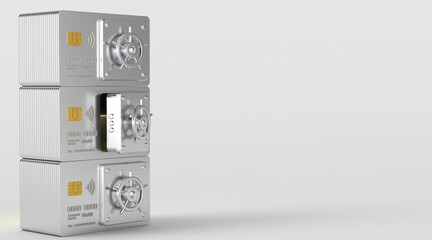 3d Rendering of row metal safe from Credit Card Protection with open door