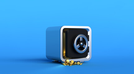 3d render, closed metallic safe box isolated on blue background. Frontal view. Banking safety
