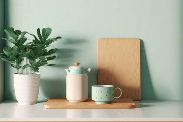 Minimal cozy counter mockup design for product presentation background. Branding in Japan style with wood top green counter and warm white wall with vase plant ceramic mug. Kitchen interior