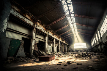Interior of a dilapidated industrial building. Generative AI