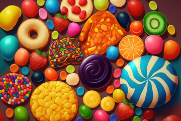 Fototapeta na wymiar Background of bright candies and jellies. Generative AI