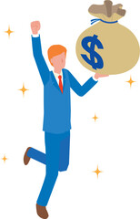 ドルのお金が入った袋を持って喜ぶビジネスマン