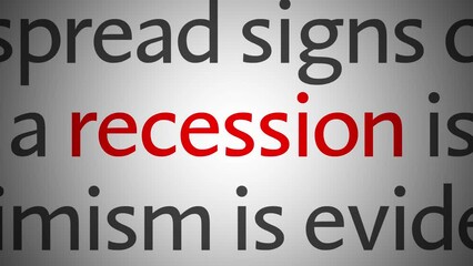 Loop of economic news articles with focus on single word. Topic economic crisis and recession.