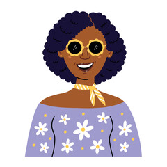 Portrait avatar modern afro woman with black hair. Hand drawn vector illustration