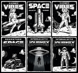 Set of vintage space posters with space shuttle, pin up girl astronaut, space rover, satellite, UFO. This design can also be used as a t-shirt print. 