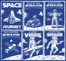Big bundle vintage space posters with space shuttle, pin up girl astronaut, space rover, satellite. This design can also be used as a t-shirt print.