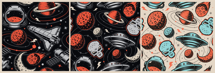 Set of Space seamless patterns in vintage style with design elements such as flying saucer, alien, planets, space satellite, shuttle, moon © Harry Kasyanov