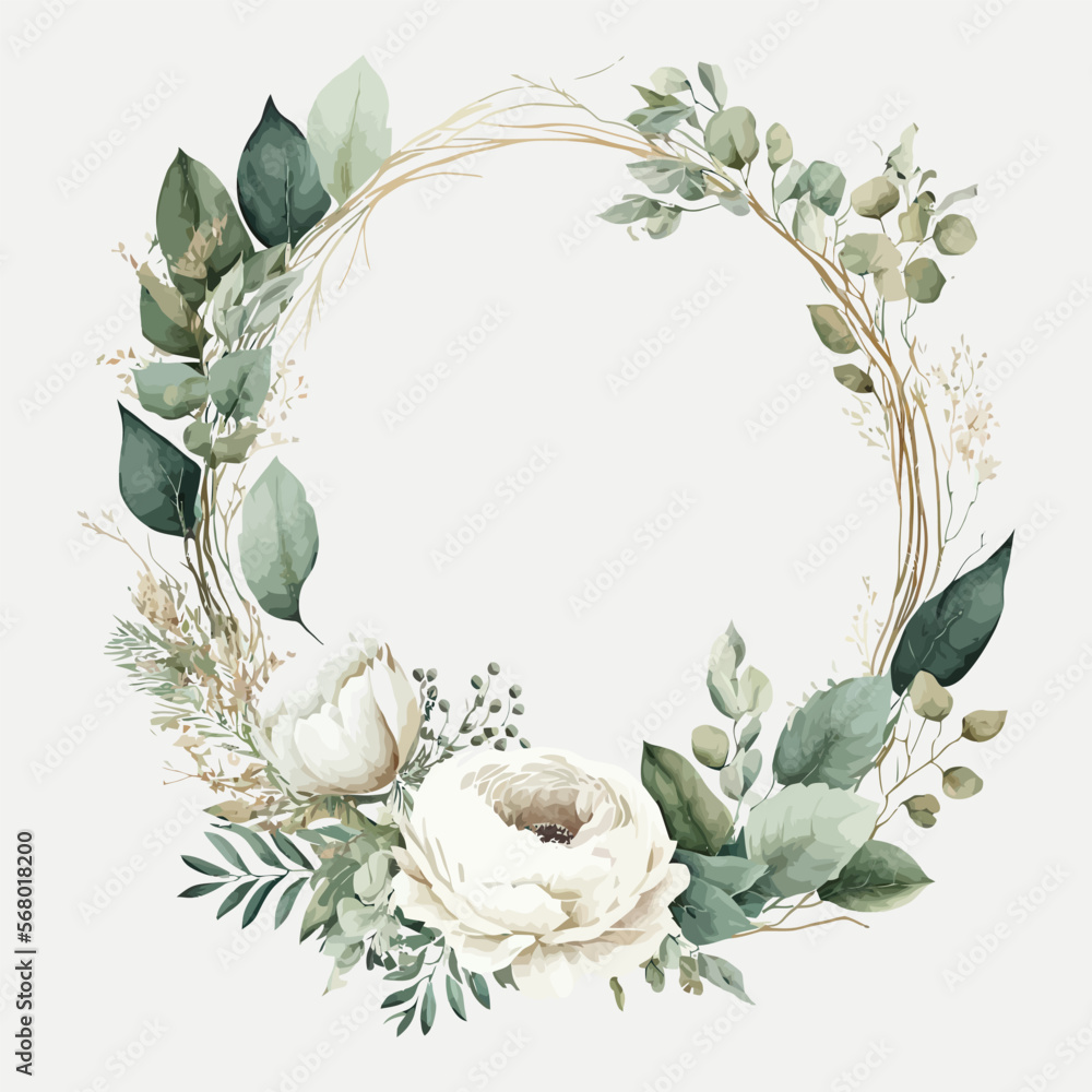 Poster Watercolor floral illustration - white flowers, rose, peony, leaves and branches wreath frame. Decorative elements template. Flat cartoon illustration isolated on white background