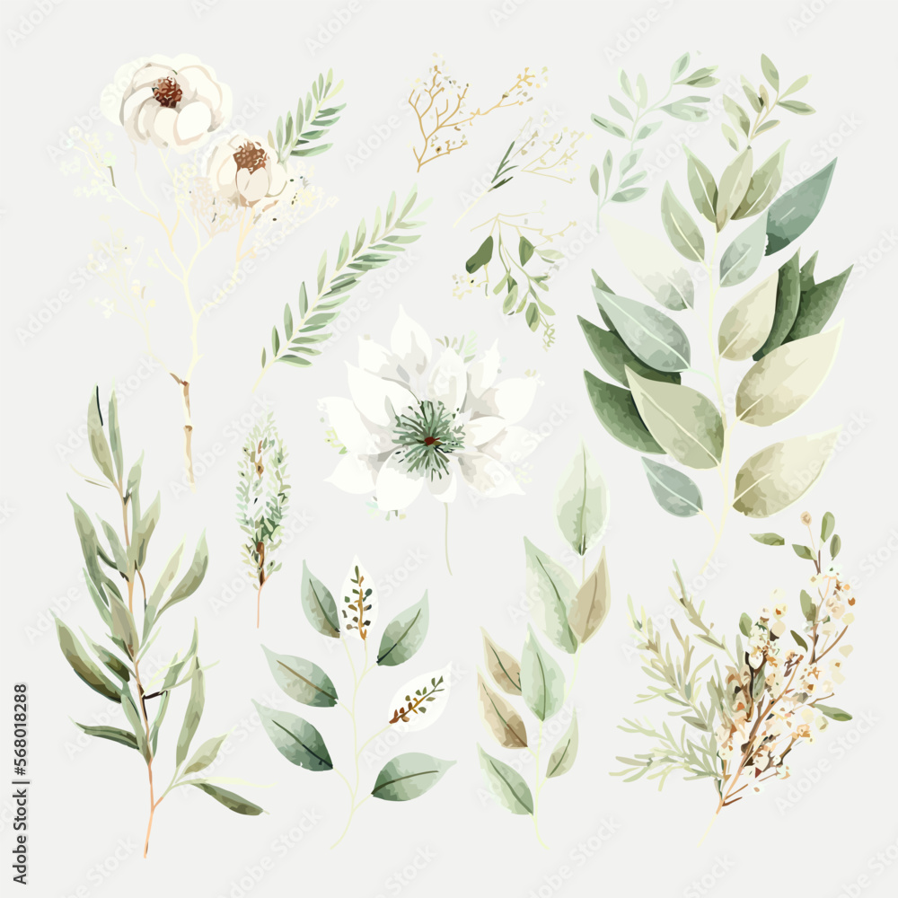 Sticker Watercolor floral illustration set - green gold leaf branches collection. Decorative elements template. Flat cartoon illustration isolated on white background