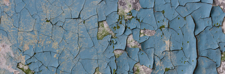 Peeling paint on the wall. Panorama of a concrete wall with old cracked flaking paint. Weathered rough painted surface with patterns of cracks and peeling. Wide panoramic texture for grunge background