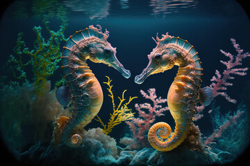 Beautiful scene with two seahorses. Generative AI