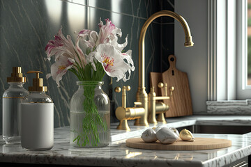 detail at home kitchen interior, blossom lilies in glass vase near sink, golden shiny faucet, soap in dispenser bottle and eco sponge scrubber on marble countertop. Generative AI