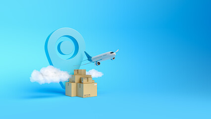 Air cargo delivery, logistics and distribution. Minimal concept for fast freight transportation around the world. 3d render flying plane on blue background with clouds cardboard boxes. 3d illustration