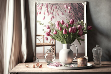 Easter spring home decor. Bouquet of pink tulips and birch tree branches in glass vase. Blank greeting card mockup. Cup of coffee, vintage wooden table and mirror. Scandinavian living room, interior